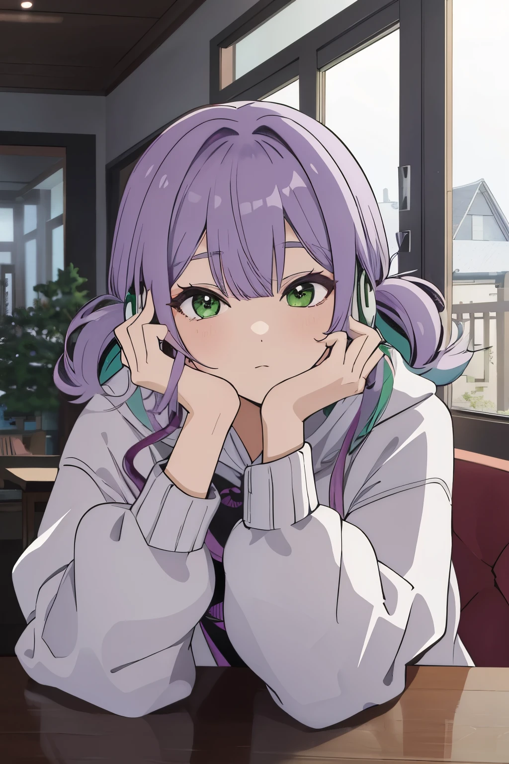 Scene View,null,anime style, house light ,night,headrest, intense angle, Curtsey,(Light purple hair)、medium hair、large round green eyes、winter scenery,highest quality、Multicolored hair、((indoor))、headphone、white hoodie,low twintails