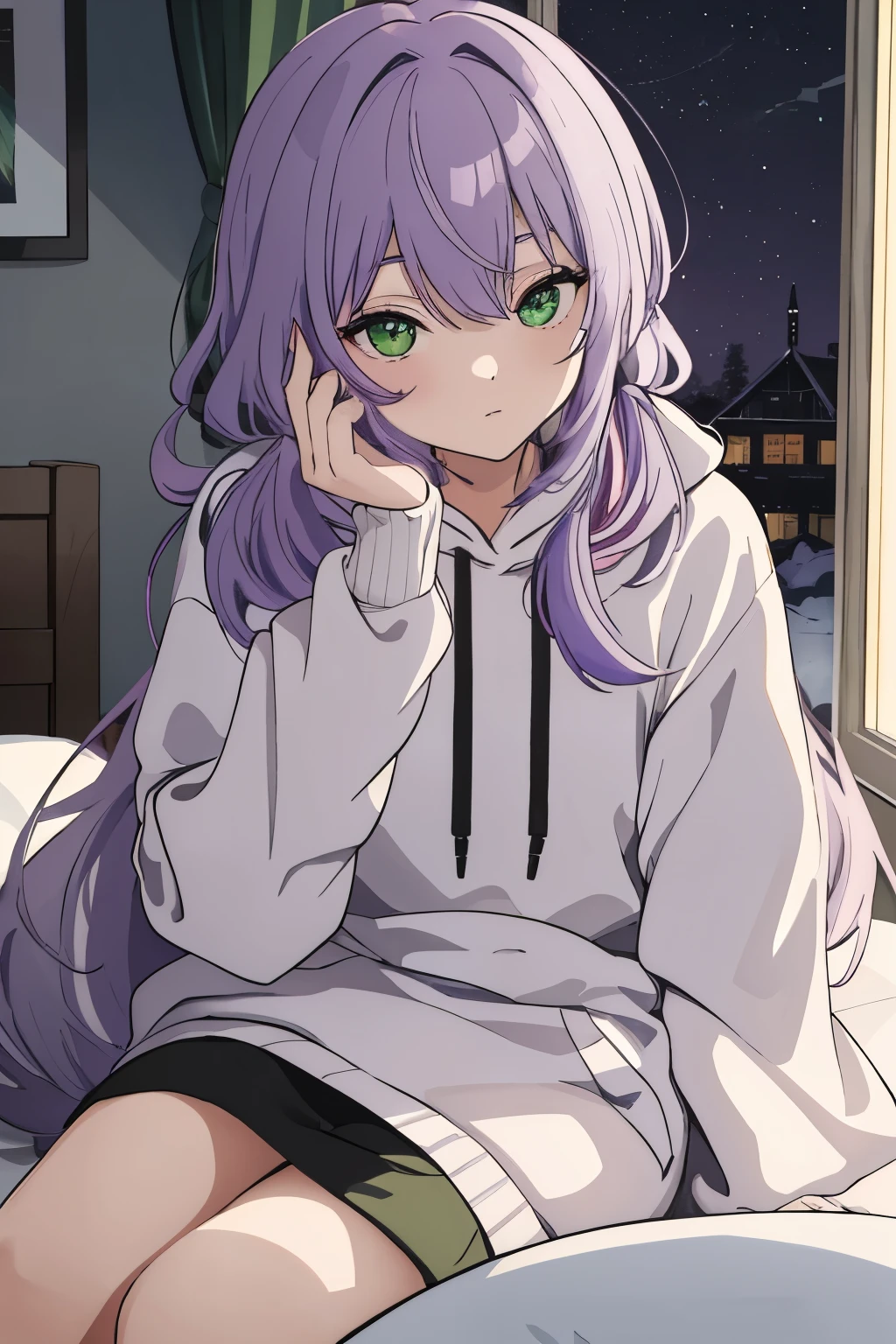 Scene View,null,anime style, house light ,night,headrest, intense angle, Curtsey,(Light purple hair)、medium hair、large round green eyes、winter scenery,highest quality、Multicolored hair、((indoor))、headphone、white hoodie,low twintails