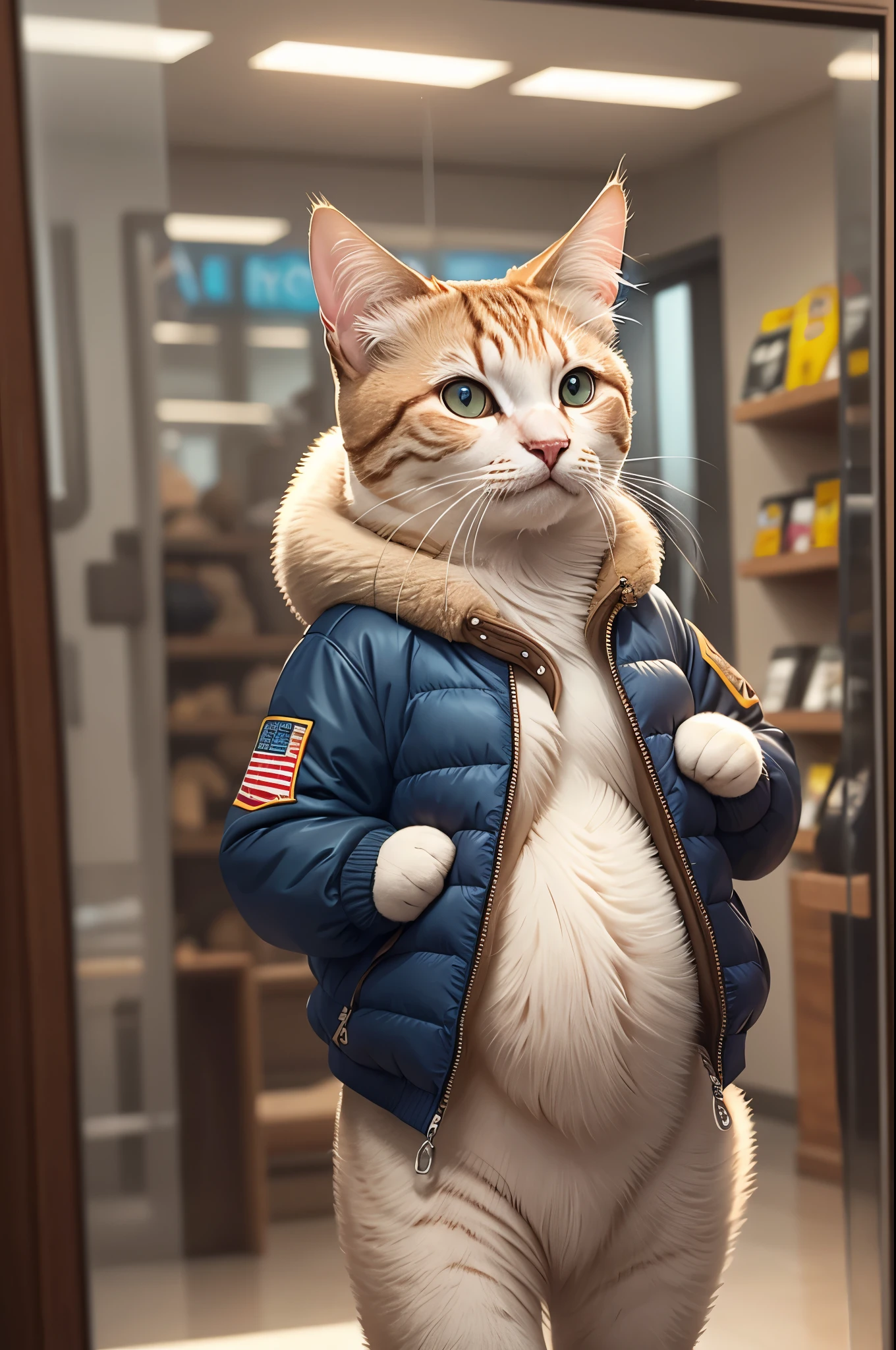 A fat cat in a down jacket looks at his belly in a store mirror