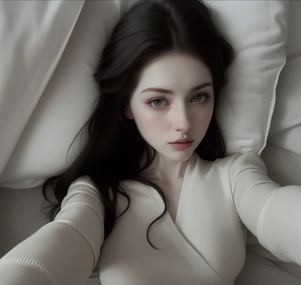 Arafed woman lying in bed with white sheets and pillows., soft pale white skin, pale skin suave natural, con pale skin, pale skin, suave e impecable, pale white skin, posando en la cama, pale porcelain white skin, pale skin y hermosa, pale skin y blanca como la nieve, pale ivory skin, pale skin y brillante, pale skin y clara!!, chica persa de pale skin