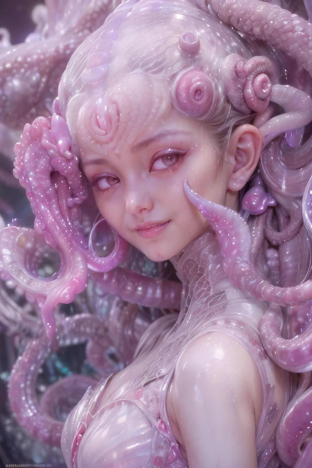 (A portrait of one beautiful and obscene female alien who is a young ager:1.4), ((There is a female genital-like organ in the middle of her forehead:1.8)), (realistic face:1.2), (Numerous award-winning masterpieces, with incredible detail, textures and maximum detail), artistic photography, midnight aura, unreal engine 5, Ultra Sharp Focus, art by Amano Yoshitaka, ArtGerm, Roisch, intricate artwork, ultra realistic realism, high resolution, High freshness, drawing faithfully, official art, Unity 8K Wall paper, ultra detailed artistic photography, dream-like, Creation of fantasy, dream Snail, (biopunk nautilus:1.3),Thrilling color schemes, seductively smiling, Amazing mutation, well-proportioned body, goddess of the deep sea, fractal, Geometric pattern, impossible figures, (translucent white tentacles with luminescent organs:1.4), subtle emerald green accents, (smiling seductively:1.3),(She has the most beautiful face in the history of the universe:1.5), Penelope Cruz, (she is looking down at viewers with glowing red eyes with no pupils:1.3), an evil gaze that seduces, cinematic lighting, (Vampire-like long canine teeth can be glimpsed through the gap between the lips:1.3), in the hall of the palace, (sexy and sensual model posing:1.5), (beautiful small breast and nipples:1.2)