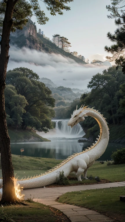 photorealistic, medium close up shot, a white snaky Chinese dragon with golden hairs, fog, very long body, crystal sphere, trees, lakeside, golden hours.