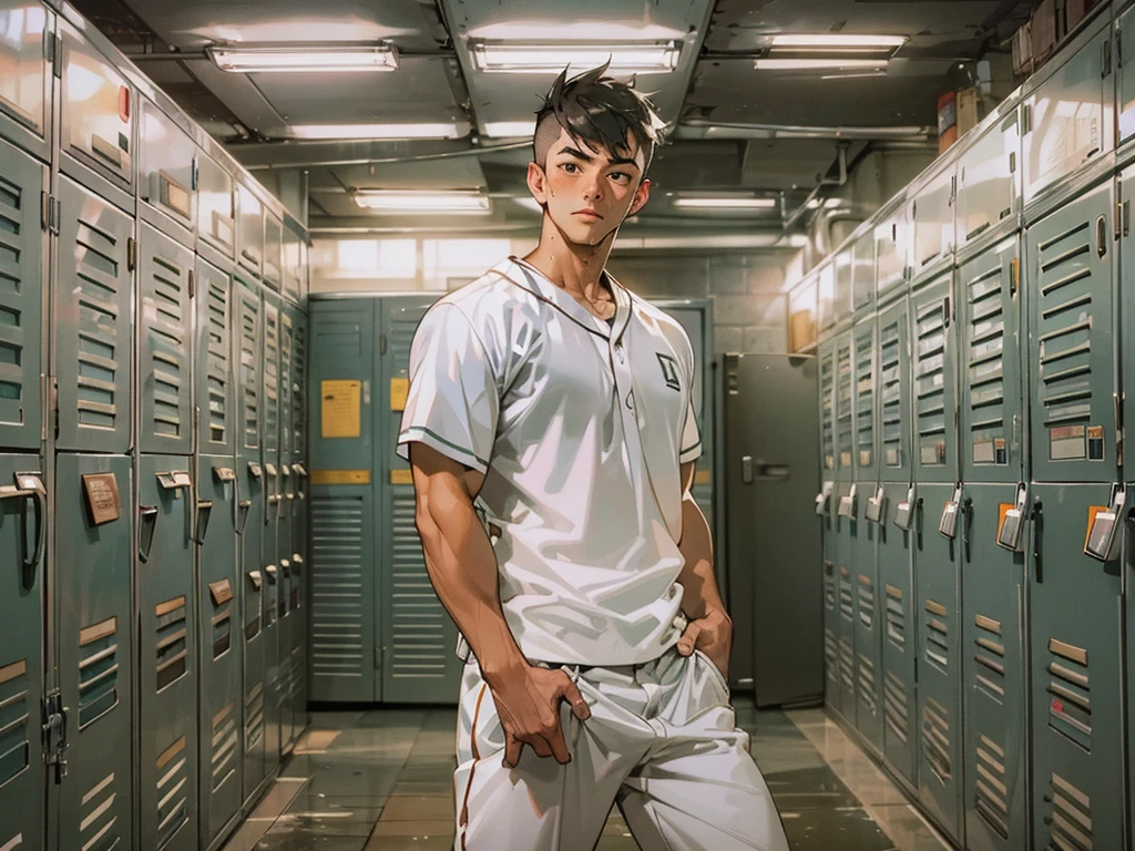 shoot from below, (masterpiece, highest quality ), 1 man, Japanese、muscular, short hair,  ((Balanced face)), Fearless face、manly、white baseball uniform、sweaty body、Bright colors, dark、Dirty locker room、dynamic pose, seducing、sexy、 