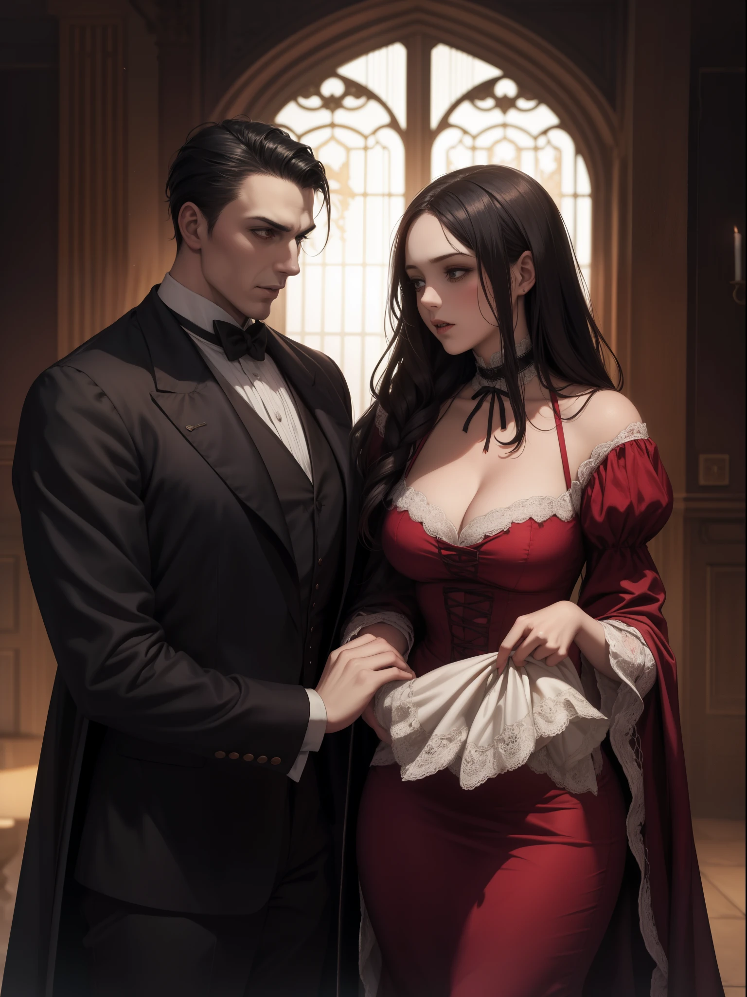 Illustration of a gothic horror scene in Victorian style, Count Dracula stands behind a young lady and bites her neck