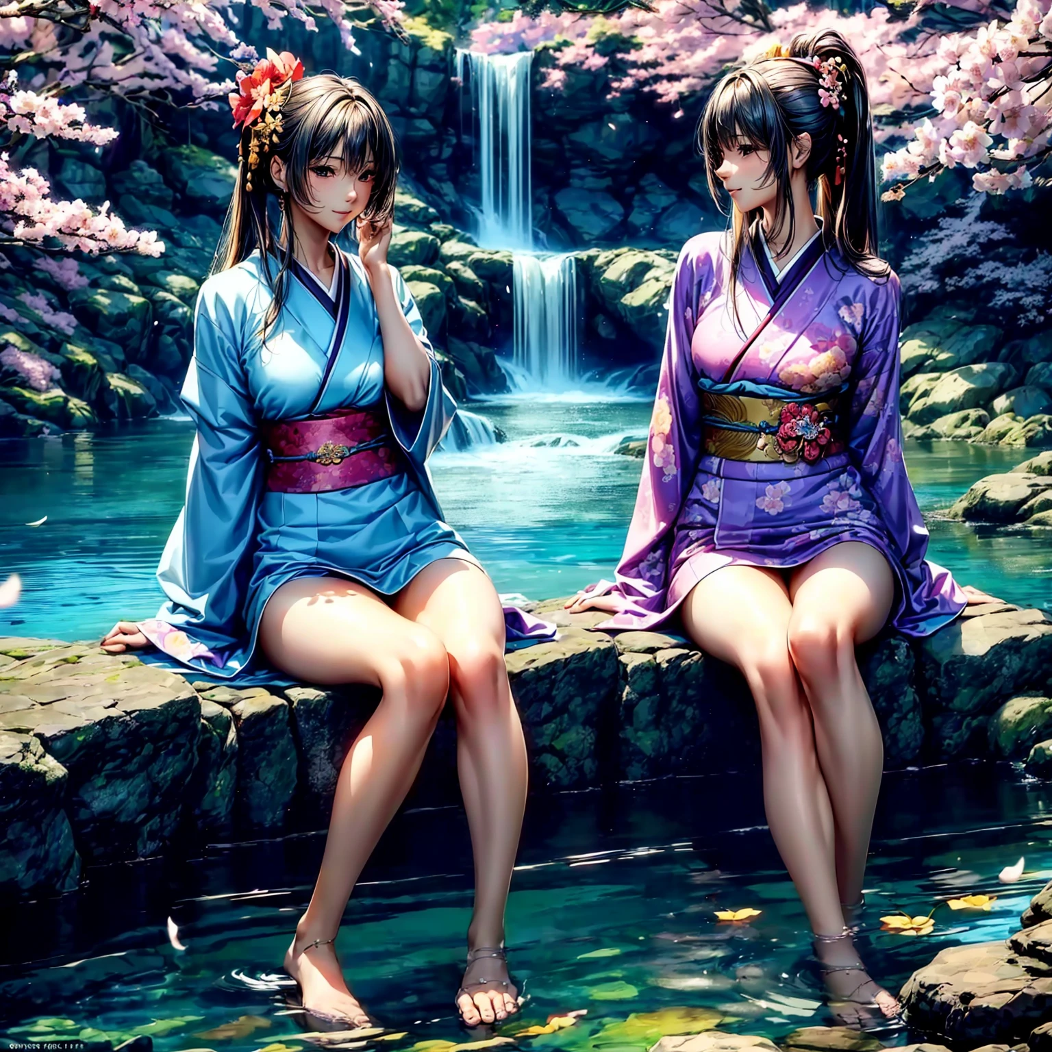 (((highest quality、masterpiece、very high resolution、highly detailed images、detailed details)))、(A woman of perfect and ultimate beauty:18-year-old, beautiful body:Slender and beautiful ???????、beautiful face:smile、beautiful hair:various hairstyles)、(best skin and hair texture)、((Beautiful Japan kimono:Colorful with floral patterns,shoulders are exposed,I can see my thighs)),(Fantastic waterside,There is a waterfall,Night cherry blossoms and lanterns,mysterious night sky,natural light,beautiful scenery,beautiful scenery),(beautiful pose:Sit by the water,model shoot,The wind is blowing:hair fluttering),realistic portrait,bijinga,Overall image、highly detailed images、accurate image:1.5、accurate ???????:1.5、Image without defects,perfect image,Overall image,(best shot,RAW photo:1.2)