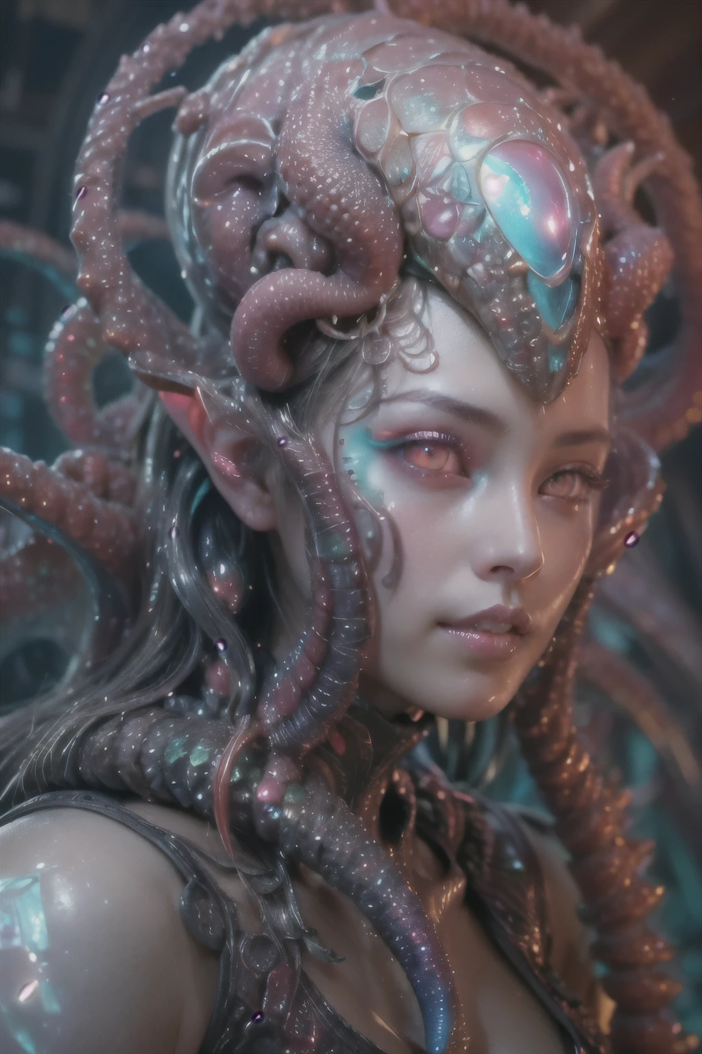 (1 beautiful and obscene female alien:1.4), (There is a female genital-like organ in the middle of her forehead:1.95), She has medusa-like hair, (there are lots of translucent tentacles from her head like her hair:1.5), (vulgarity1.7), (she is looking at viewers with glowing red eyes with no pupils:1.6), (She has translucent pale skin:1.4),(She has the most beautiful face in the history of the universe:1.2), (She has multiple bioluminescent organs on the side of her tentacles:1.4), (Her body is covered with an iridescent exoskeleton:1.4), (She is showing her arm pits:1.6), an evil gaze that seduces, (looking down at viewers:1.4),(Vampire-like long canine teeth can be glimpsed through the gap between the cute lips:1.4) (bio luminescent:1.4), (Smile wickedly:1.3), (sexypose:1.4), alien, No humans, cells are fused, extraterrestrial, cell, bio image, ultra high resolution, (photos realistic:1.7), (Numerous award-winning masterpieces, with incredible detail, textures and maximum detail), Dramatic Lighting, cinematic quality, (exquisite details:1.2), High freshness, drawing faithfully, (Thick eyebrows:1.2), Beautiful eyes with fine symmetry,(Highly detailed face and eyes:1.2),(Super detailed skin quality feeling:1.4), perfect anatomy, (Beautiful toned body:1.5), (Moist skin:1.2), not wearing makeup, (dark circles:1.1), long canines, cinematic drawing of characters, cinematic quality, (exquisite details:1.2), high resolution, High freshness, drawing faithfully, official art, Unity 8K Wall paper, ultra detailed artistic photography, midnight aura, unreal engine 5, Ultra Sharp Focus, art by Amano Yoshitaka, ArtGerm, ultra realistic realism, dream-like, Creation of fantasy, dream Snail, (biopunk nautilus:1.3),Thrilling color schemes, seductively smiling, Amazing mutation, well-proportioned body, goddess of the deep sea, fractal, Geometric pattern, impossible figures, subtle emerald green accents, (expression of ecstasy:1.4), (beautiful small breast and nipples:1.2)
