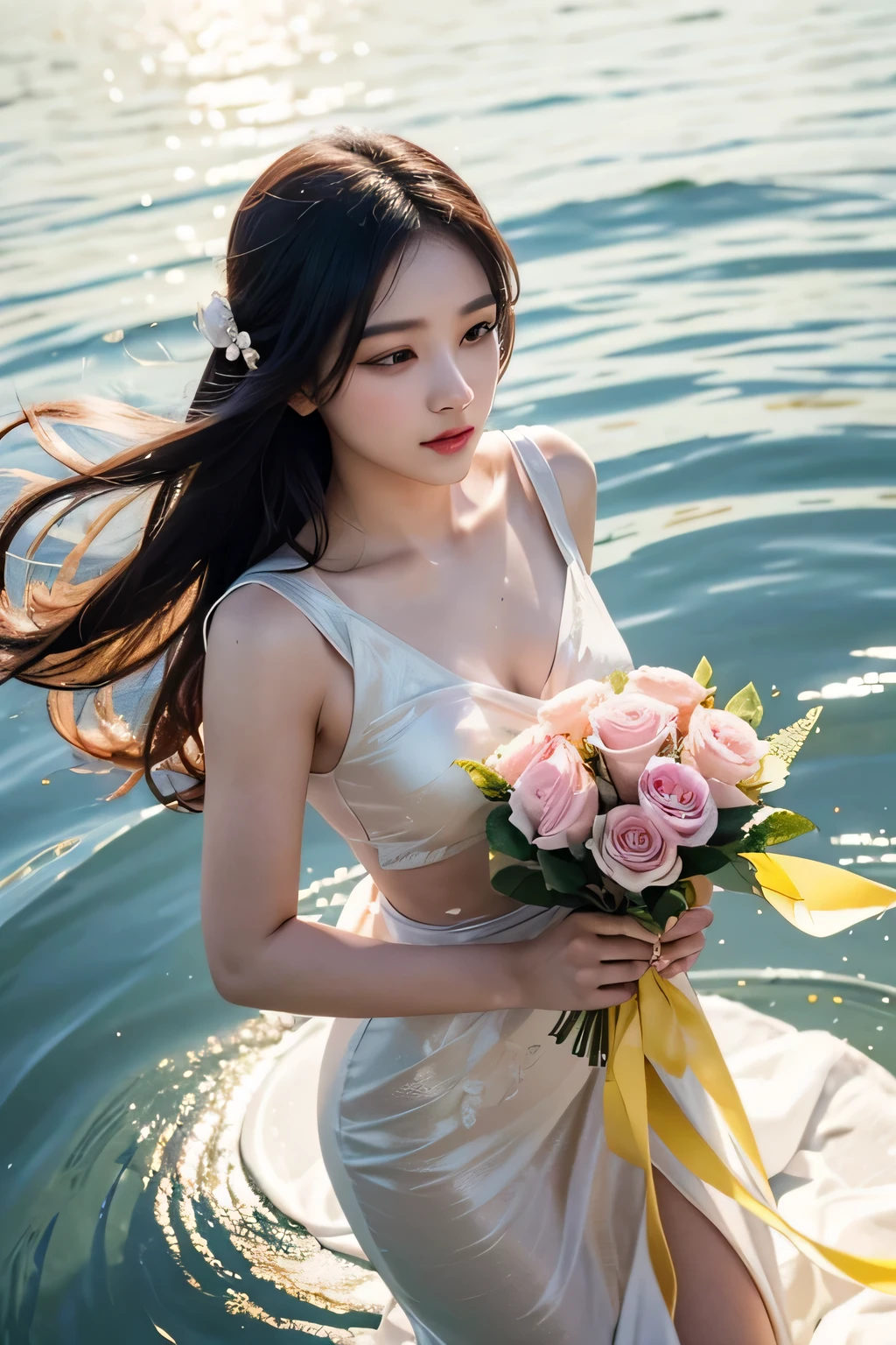 Pictures of elegance on Valentine's Day'Day of sending messages 'I love you'. " clear, Green and yellow signature on silk, sunlight, wind ripples, girl holding pink roses, Thai Style.