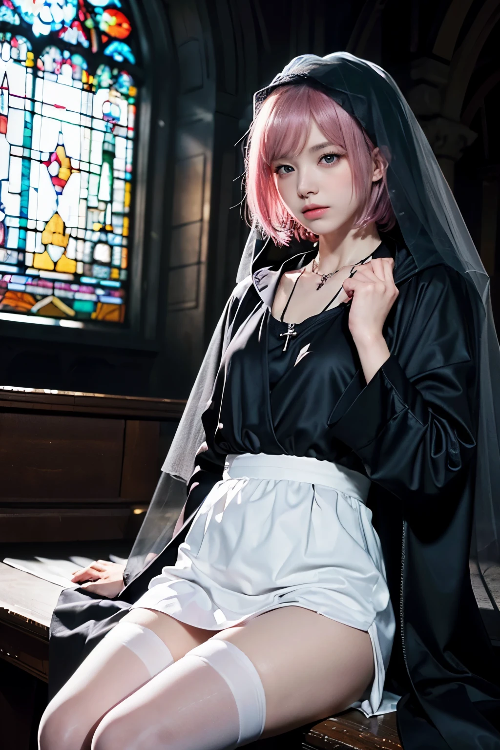 (8K, top-quality, masterpiece:1,2), (reallistic, Photorealsitic:1.37), Super Detail, One girl,), (Highly detailed), (beautifully detailed eyes), (of the highest quality), (super detailed ), (masterpiece), (Detailed face),20yr old, ,1 girl, ((pink hair,Very short hair)), medium breasts, clothed, Perfect Lighting, BREAK (black robe:1.3), (white shirt:1.2), (black skirt:1.3), (A-line silhouette:1.2), (white veil:1.4), (cross necklace:1.2), (black tights:1.2), (black flat shoes:1.2), BRAKE faint smile, praying hands, church stained glass background, light from stained glass shining on subject
