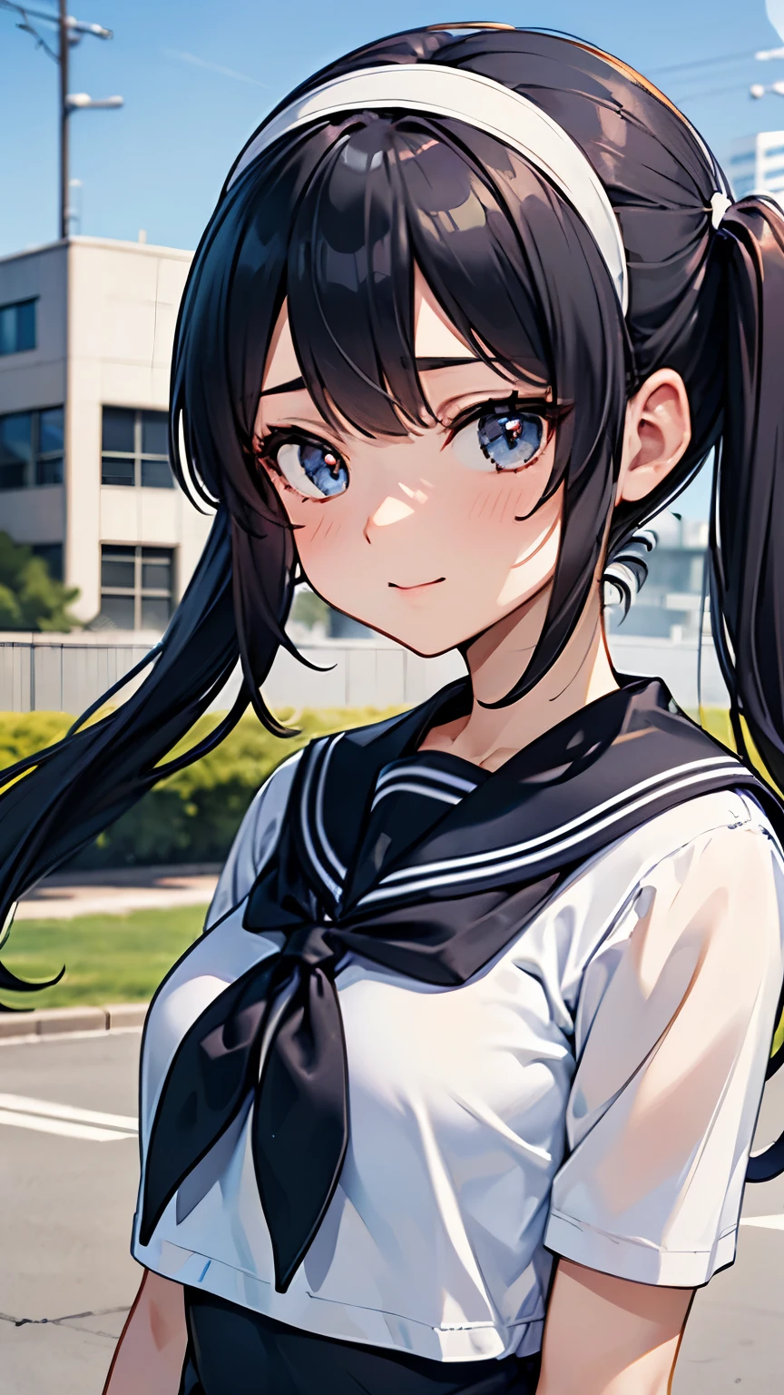 (masterpiece: 1.3), (highest quality:1.4), ultra high resolution, (fine eyes), (detailed facial features), (Detailed features of clothing), HDR, 8K resolution, High school girl in sailor suit, Anime 2D rendering, White headband, smile, black hair, navy blue sailor uniform, black stockings, school scenery, small face, trot, pigtails, 