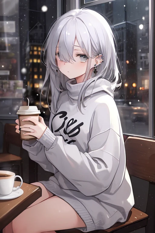 ((masterpiece:1.4, best quality:1.2)), 1girl, solo focus, beautiful skin, blush, grey sweatshirt, long white hair, grey eyes, sitting, earrings, Hands piercing, coffee shop window, night, snowing, cityscape, tall female, beautiful and delicate female, comfy ambience, {detailed background}, hair over one eye, shy, sexy, naked,