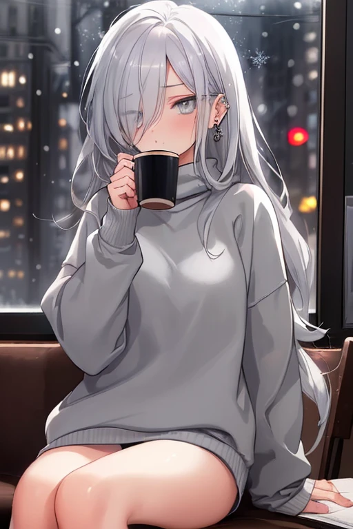 ((masterpiece:1.4, best quality:1.2)), 1girl, solo focus, beautiful skin, blush, grey sweatshirt, long white hair, grey eyes, sitting, earrings, Hands piercing, coffee shop window, night, snowing, cityscape, tall female, beautiful and delicate female, comfy ambience, {detailed background}, hair over one eye, shy, sexy, naked,