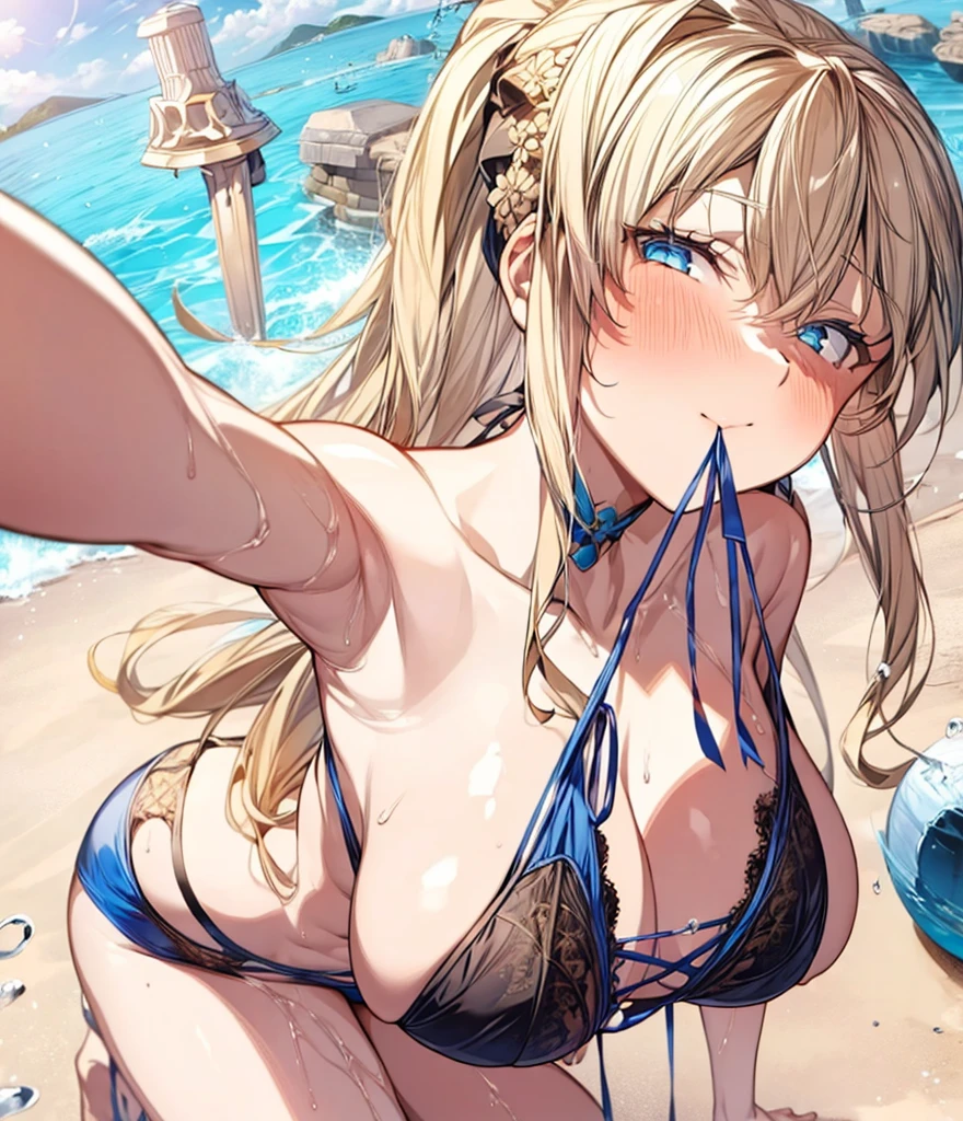 （Enrich the picture，Masterpiece level quality）Beautiful 8K CG artwork,1girl,solo,morgan le fay (fate),detailed face, perfect face, perfect eyes,blue eyes,Long Hair, pony tail,Very long hair, big boob, black bow,Hair Bow, thighs,side locks, French braid, grey hair,Slim and soft,big breasts,anatomically correct body,hold the bra strap in mouth,