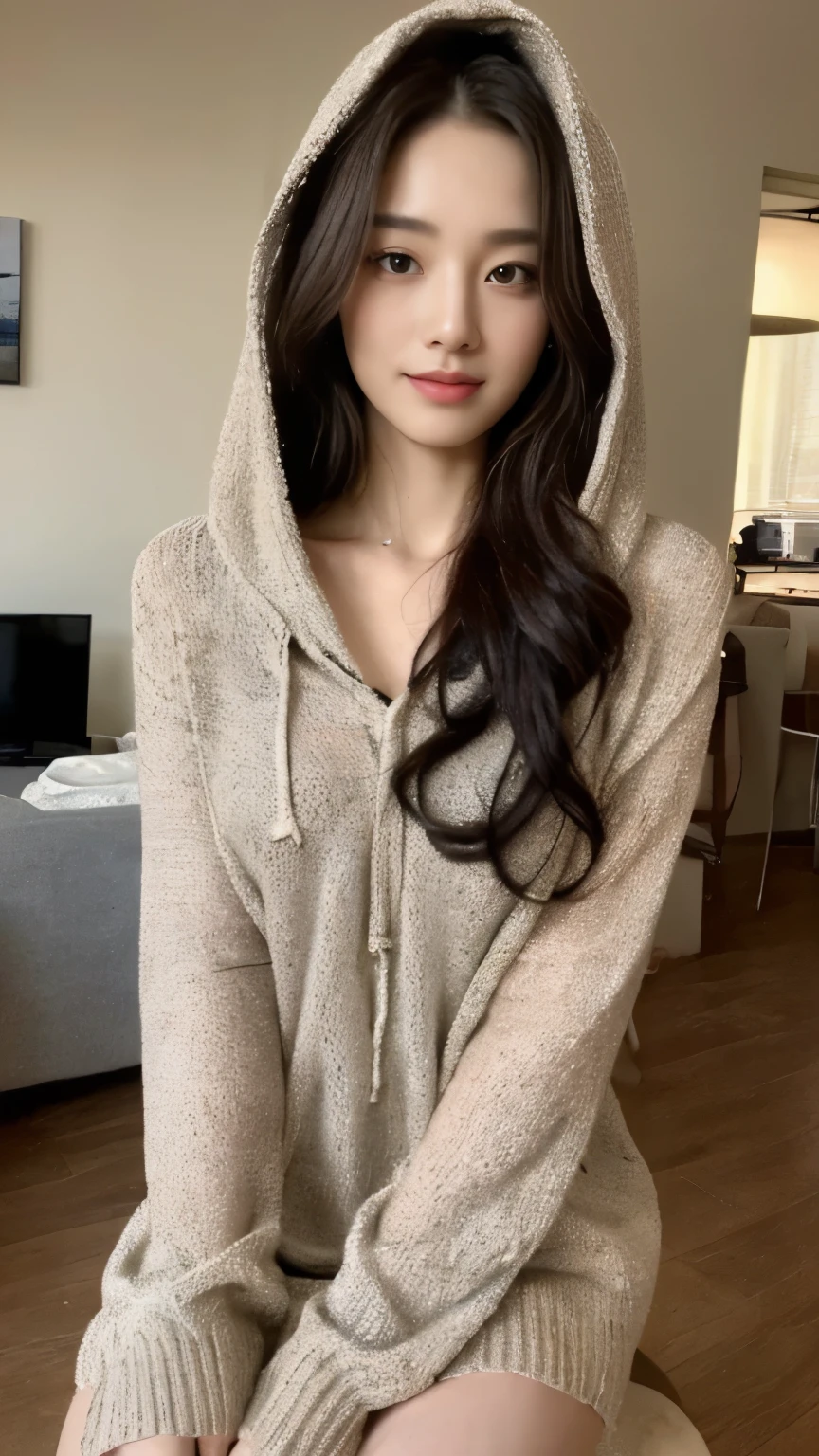 ((top-quality、8k、masterpiece:1.3))、Beautiful woman with perfect body:1.4、slim abdomen:1.2、Longhair, normal breast, Highly detailed facial and skin texture, A detailed eye, delicate eyes, (smile), (full body shot), ((computer room)), (sitting on chair), (((wearing hooded sweater)), looking in front