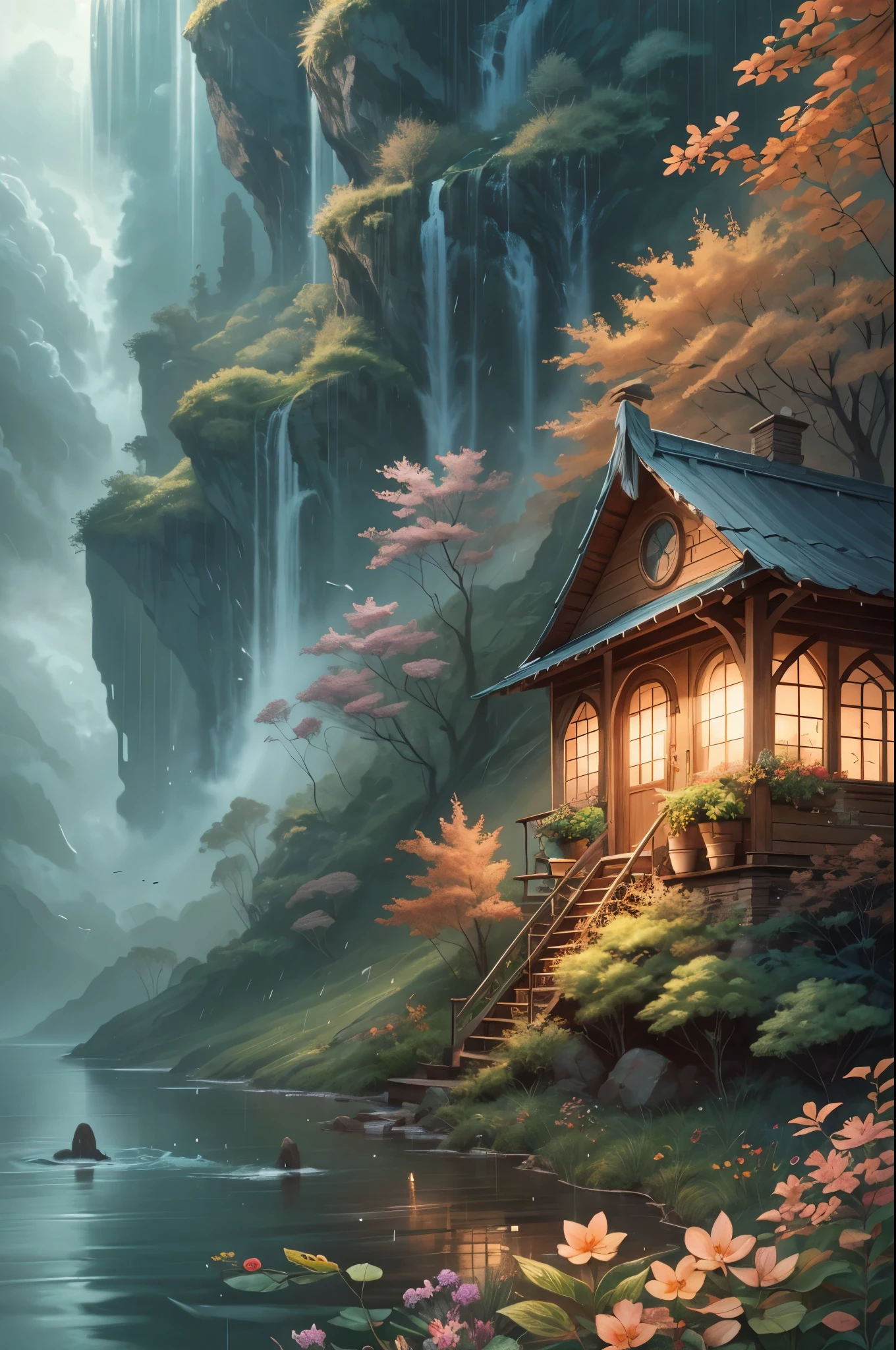 beautiful colorful Oceania state winter's flowers, leaves, nature, beautiful rain drops, beautiful fog, over the beautiful wonderful rainbow, fantasy, romantic dreamy mood, special sightseeing, elegant, cute, dramatic viewing, amazing world, photorealistic drawings