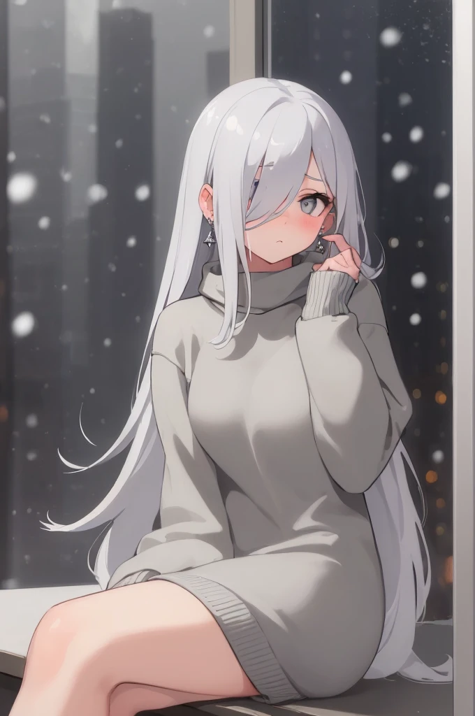 ((masterpiece:1.4, best quality:1.2)), 1girl, solo focus, beautiful skin, blush, grey sweatshirt, long white hair, grey eyes, sitting, earrings, Hands piercing, coffee shop window, night, snowing, cityscape, tall female, beautiful and delicate female, comfy ambience, {detailed background}, hair over one eye, shy, sexy, naked,
