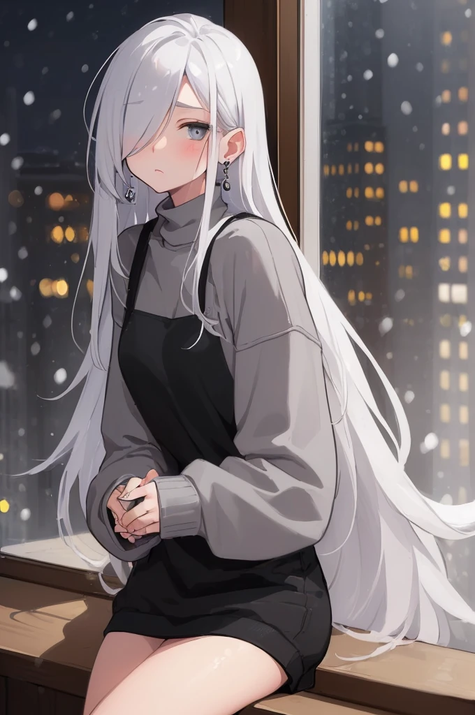 ((masterpiece:1.4, best quality:1.2)), 1girl, solo focus, beautiful skin, blush, grey sweatshirt, long white hair, grey eyes, sitting, earrings, Hands piercing, coffee shop window, night, snowing, cityscape, tall female, beautiful and delicate female, comfy ambience, {detailed background}, hair over one eye, shy, sexy, naked,