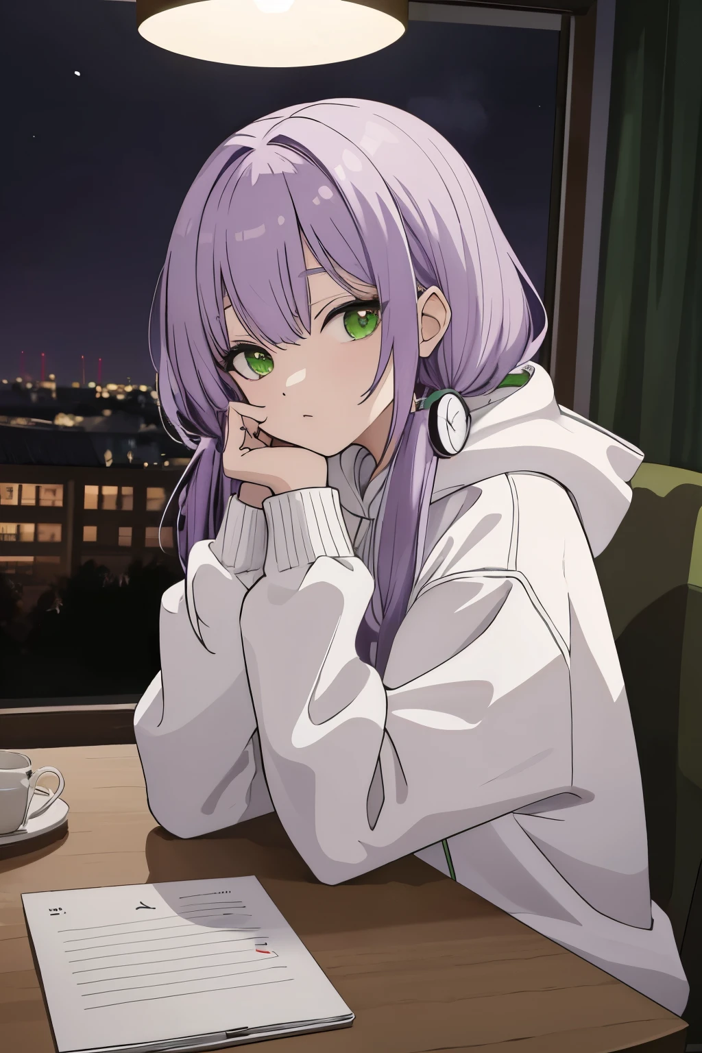 Scene View,null,anime style, house light ,night,headrest, intense angle, Curtsey,(Light purple hair)、medium hair、large round green eyes、winter scenery,highest quality、Multicolored hair、((indoor))、headphone、white hoodie,low twintails