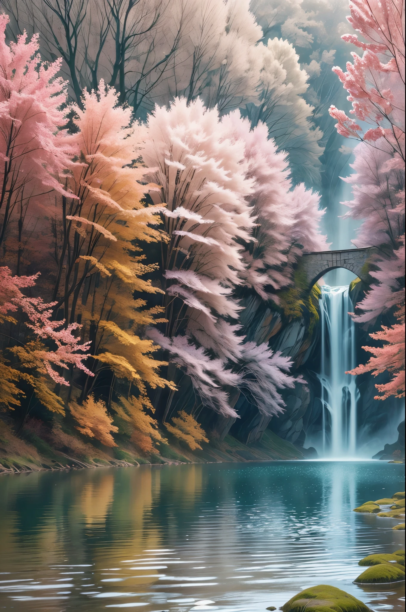 beautiful colorful Oceania state winter's flowers, leaves, nature, beautiful rain drops, beautiful fog, over the beautiful wonderful rainbow, fantasy, romantic dreamy mood, special sightseeing, elegant, cute, dramatic viewing, amazing world, photorealistic drawings
