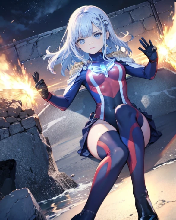 highest quality,sleep on your back in bed,Crab crotch,show me your boots,Leotard sneak peek,glove,elegant, 1 girl, ultraman bodysuit ,cute, blushed, looking at the viewer, from below, prison,blue eyes, beautiful eyes, beautiful background, particles of light, Light of the sun, dramatic lighting, outside, shiny, realistic, table top, highest quality, Super detailed, get used to it, scenery, beautiful and detailed eyes, thin hair,full body shot,