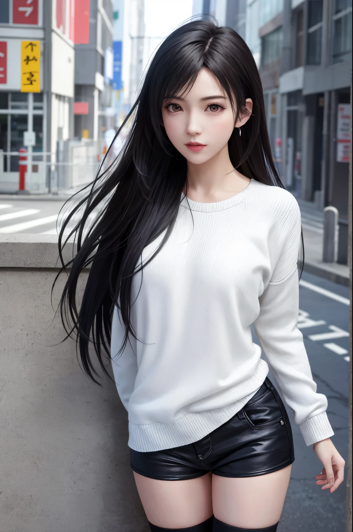 (top quality, masutepiece: 1.1), (Realistic: 1.3), (photoRealistic: 1.3), BREAK (((FF7,Tifa_lockhart))),(wearing oversized loose sweater, Exquisite cloth ,crew neck,knit dress:1.3,long sleeve:1.2,white),(short pants),(tight very long boots:1.2),(background big city,shibuya:1.1,night:1.3,neon:1.2),(gravure pose:1.3,nogizaka idol),Ultra-detailed face, Detailed eyes,Red eyes, BREAK (((FF7,Tifa_lockhart))),(black brown hair, Large breasts: 1.2), BREAK (no bra),(Small and beautiful hard nipple) , About 18 years old,kawaii,(face focus:1.0),sensual,zettai_ryouiki:1.1,looking at viewer,cowboy shot,behind wall,standing