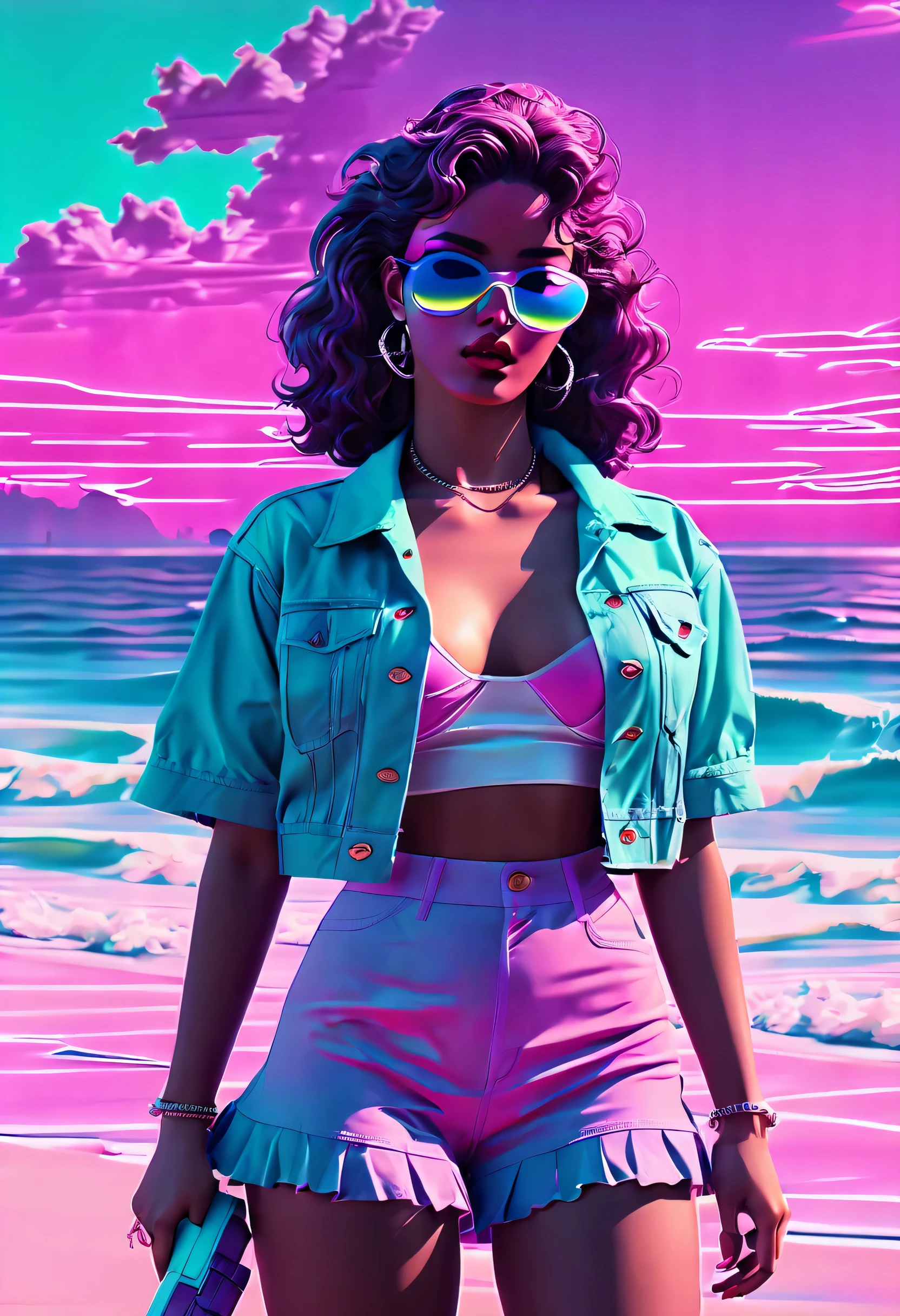 beautiful woman with long pink hair, young woman with long pink hair, wearing a Tankini bikini floral patter, at Maldive,Vaporwave Aesthetic,glitched digital art,retro futuristic landscape,neon lights,sunset,Japanese characters,palm trees,80s style,chrome statues,low-polygon sculptures,lo-fi vibes,aesthetic vaporwave color palette: (best quality,4k,8k,highres,masterpiece:1.2),ultra-detailed,(realistic,photorealistic,photo-realistic:1.37),glowing lights,reflective surfaces,vintage VHS effects,tranquil atmosphere,synthwave music,indoor swimming pool,calm and dreamy ambiance,cityscape at dusk,surreal and nostalgic,smooth gradients,technological glitches,3D-rendered objects,pastel color scheme,vibrant and rich colors