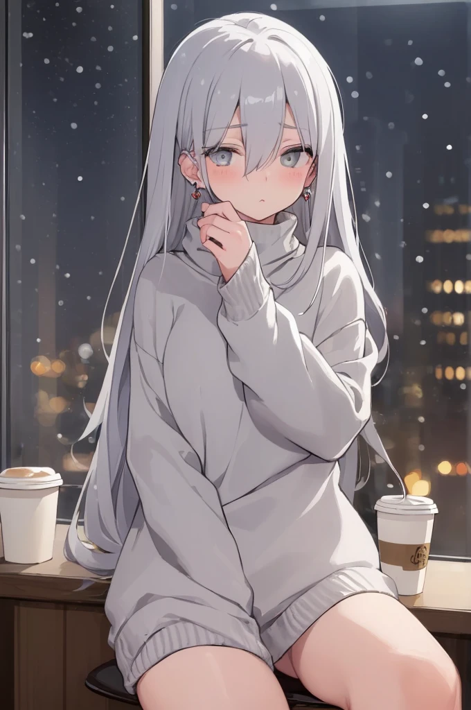 ((masterpiece:1.4, best quality:1.2)), 1girl, solo focus, beautiful skin, blush, grey sweatshirt, long white hair, grey eyes, sitting, earrings, Hands piercing, coffee shop window, night, snowing, cityscape, tall female, beautiful and delicate female, comfy ambience, {detailed background}, hair over one eye, shy, , ,