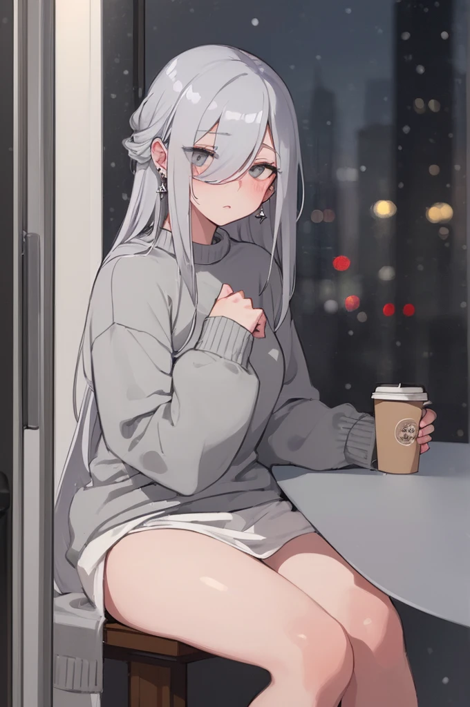 ((masterpiece:1.4, best quality:1.2)), 1girl, solo focus, beautiful skin, blush, grey sweatshirt, long white hair, grey eyes, sitting, earrings, Hands piercing, coffee shop window, night, snowing, cityscape, tall female, beautiful and delicate female, comfy ambience, {detailed background}, hair over one eye, shy, sexy, naked,