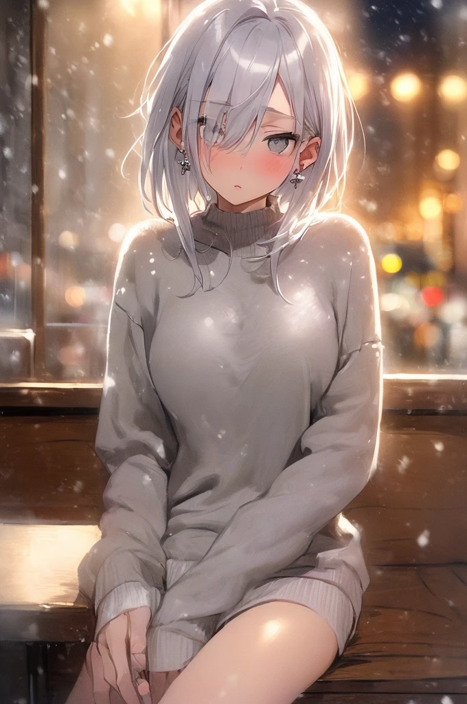 ((masterpiece:1.4, best quality:1.2)), 1girl, solo focus, beautiful skin, blush, grey sweatshirt, long white hair, grey eyes, sitting, earrings, Hands piercing, coffee shop window, night, snowing, cityscape, tall female, beautiful and delicate female, comfy ambience, {detailed background}, hair over one eye, shy, sexy, naked,