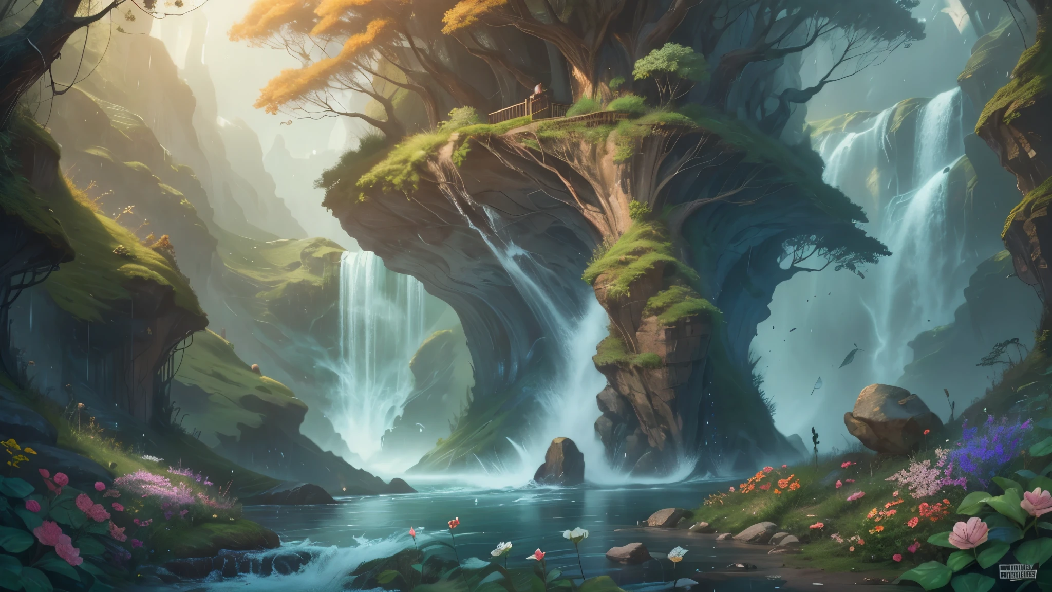 beautiful colorful Oceania state winter's flowers, leaves, nature, beautiful rain drops, beautiful fog, over the beautiful wonderful rainbow, fantasy, romantic dreamy mood, special sightseeing, elegant, cute, dramatic viewing, amazing world, photorealistic drawings