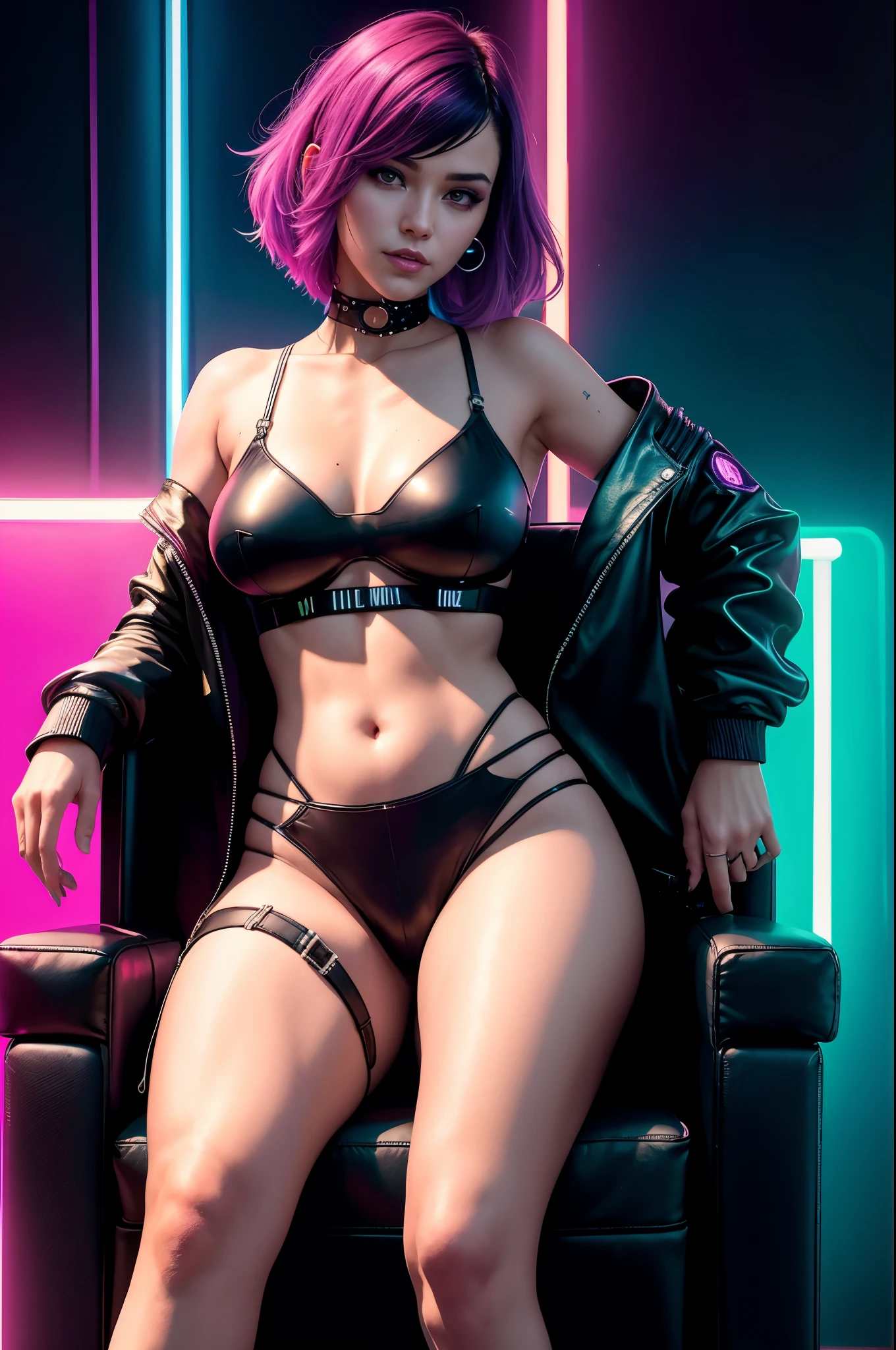 there a woman sitting on a chair with a rainbow light, 3 d neon art of a womans body, neon-noir background, cyberpunk femme fatale, seductive cyberpunk dark fantasy, cyberpunk strip clubs, cyberpunk 20 y. o model girl, nsfw oppai cyberpunk, banner, high definition cgsociety, cgsociety masterpiece, trending on cgstation, kda