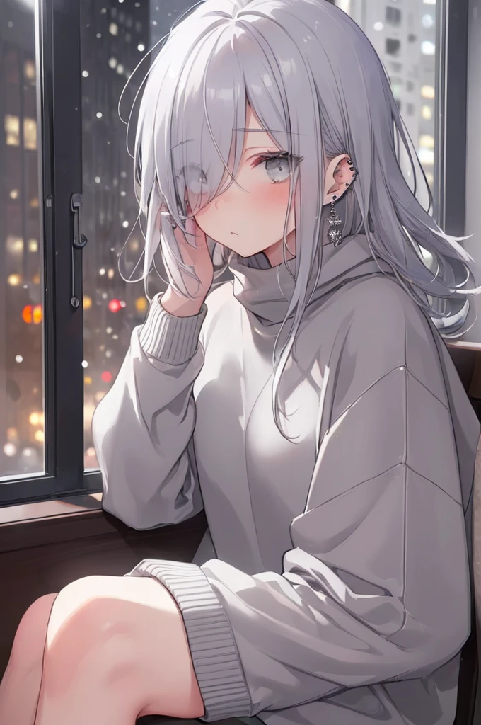 ((masterpiece:1.4, best quality:1.2)), 1girl, solo focus, beautiful skin, blush, grey sweatshirt, long white hair, grey eyes, sitting, earrings, Hands piercing, coffee shop window, night, snowing, cityscape, tall female, beautiful and delicate female, comfy ambience, {detailed background}, hair over one eye, shy, sexy, naked,