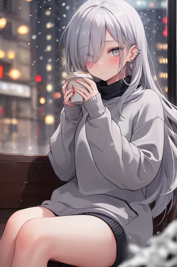 ((masterpiece:1.4, best quality:1.2)), 1girl, solo focus, beautiful skin, blush, grey sweatshirt, long white hair, grey eyes, sitting, earrings, Hands piercing, coffee shop window, night, snowing, cityscape, tall female, beautiful and delicate female, comfy ambience, {detailed background}, hair over one eye, shy, sexy, naked,