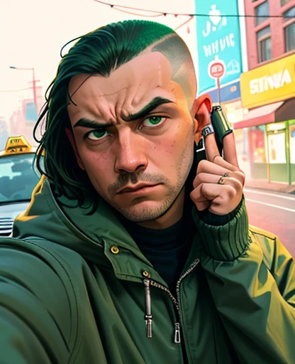 Close up of a face of a man in a green jacket, showing two fingers pretending it's a gun by his head, ((bold)), taxi driver movie color palette, city underground vibe, lost look, (unhappy), no future, (skinhead) , numb eyes, bom, 8k selfie photograph, patryk hardziej, aphex twin, Michael Gira