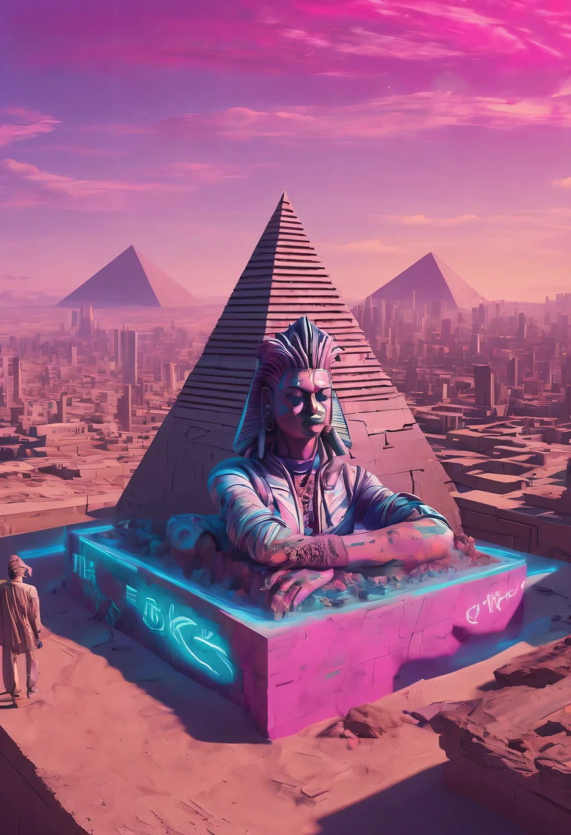 The head and body are separate, Sculpture interior, cyberpunk city in background,  Ink punk, Double contact, Colorful neon lights, All sorts (masterpiece:1.2), best quality, (super detailed, most detailed:1.2), High resolution textures，futuristic city, fantasy, 24th century, desert, ocean, pyramid，vaporwave nostalgia, very vaporwave, maximalist vaporwave, vaporwave, vaporwave!, vaporwave aesthetics, cyberpunk vaporwave, 90s aesthetic, vaporwave art, 90s aesthetic, 90's aesthetic, hip hop vaporwave, vaporwave aesthetic, vaporwave cartoon