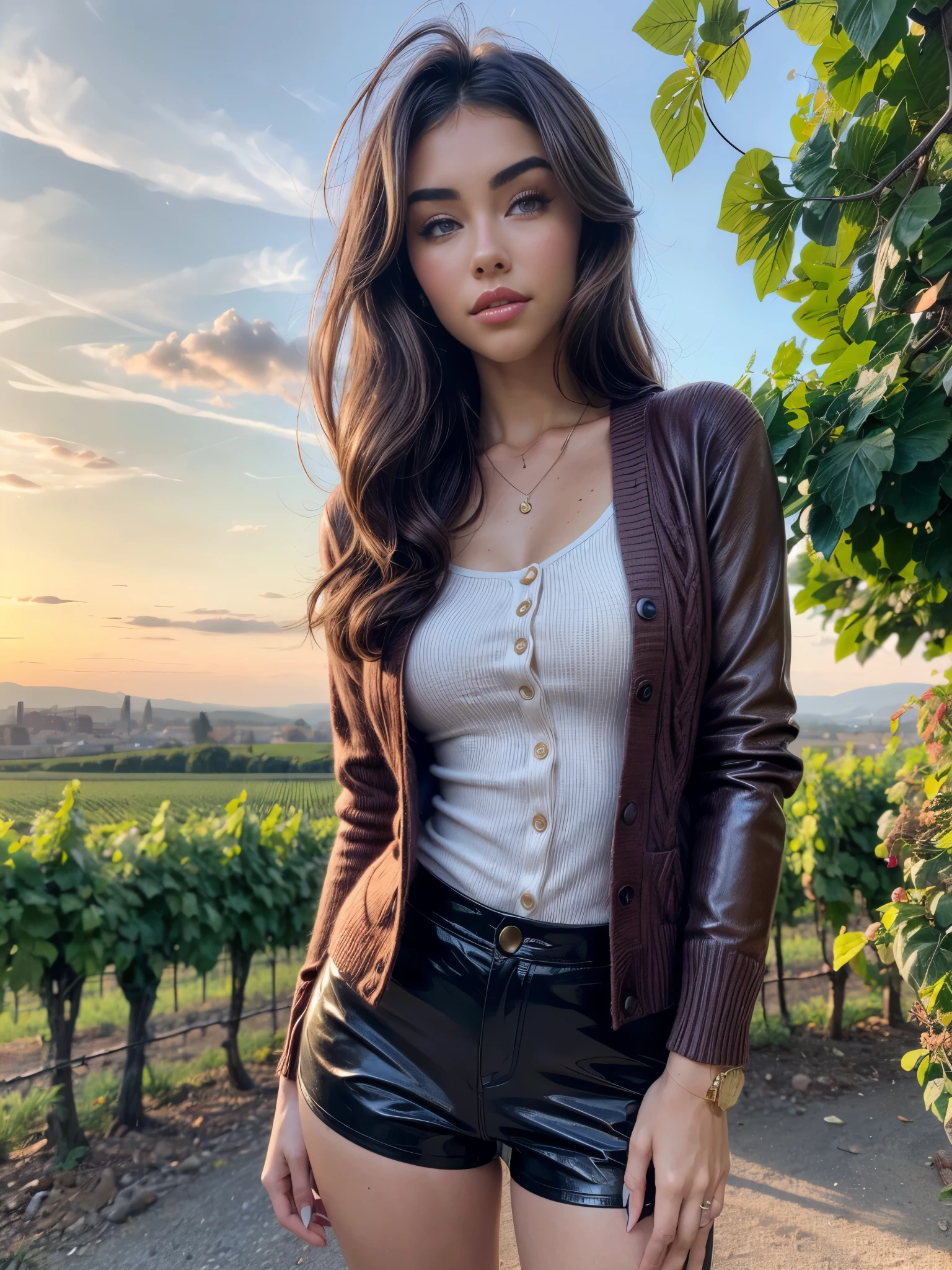 a gorgeous woman (Madison Beer), wavy hair in the wind. she's a men magazine model, She has a subtle smile and flirts with the camera, (she wears leather shirt), (with a wool cardigan and pvc hotpants:1.2),background landscape of French vineyard and French summer villa, (in sunset light:1.2),