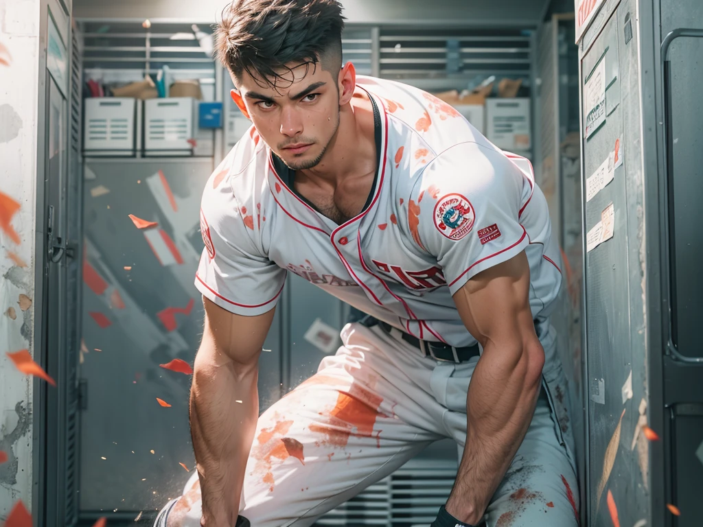 shoot from below, (masterpiece, highest quality ), 1 man, Japanese、muscular, short hair, anatomically correct body、 ((Balanced face)), Fearless face、manly、white baseball uniform、sweaty body、Bright colors, dark、Dirty locker room、dynamic pose, seducing、sexy、 
