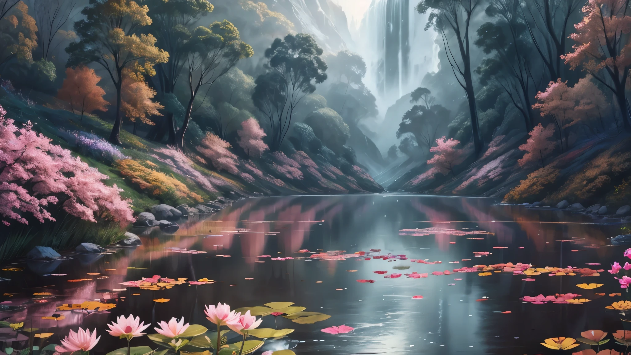 beautiful colorful Oceania state winter's flowers, leaves, nature, beautiful rain drops, beautiful fog, over the beautiful wonderful rainbow, fantasy, romantic dreamy mood, special sightseeing, elegant, cute, dramatic viewing, amazing world, photorealistic drawings
