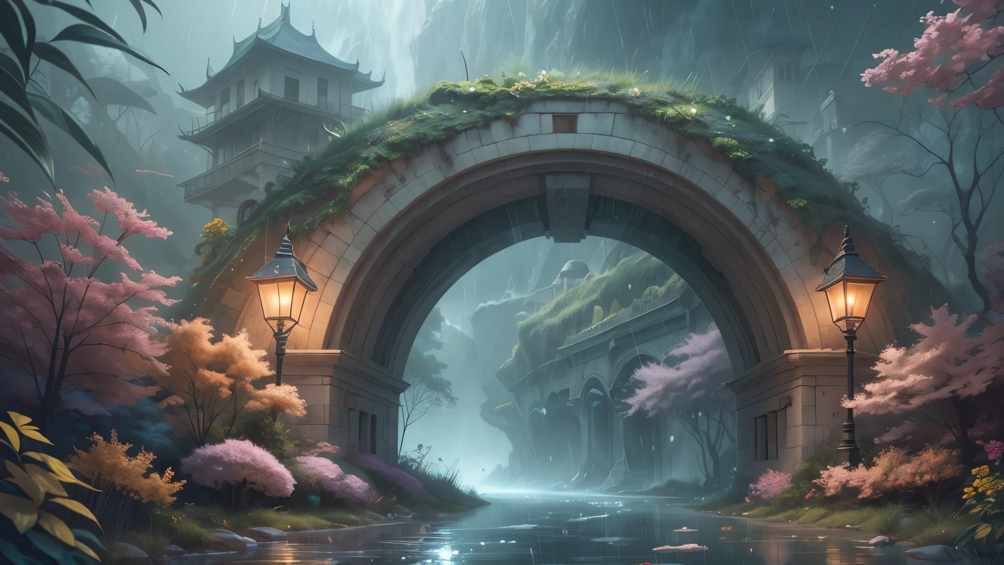 beautiful colorful Oceania state winter's flowers, leaves, nature, beautiful rain drops, beautiful fog, over the beautiful wonderful rainbow, fantasy, romantic dreamy mood, special sightseeing, elegant, cute, dramatic viewing, amazing world, photorealistic drawings