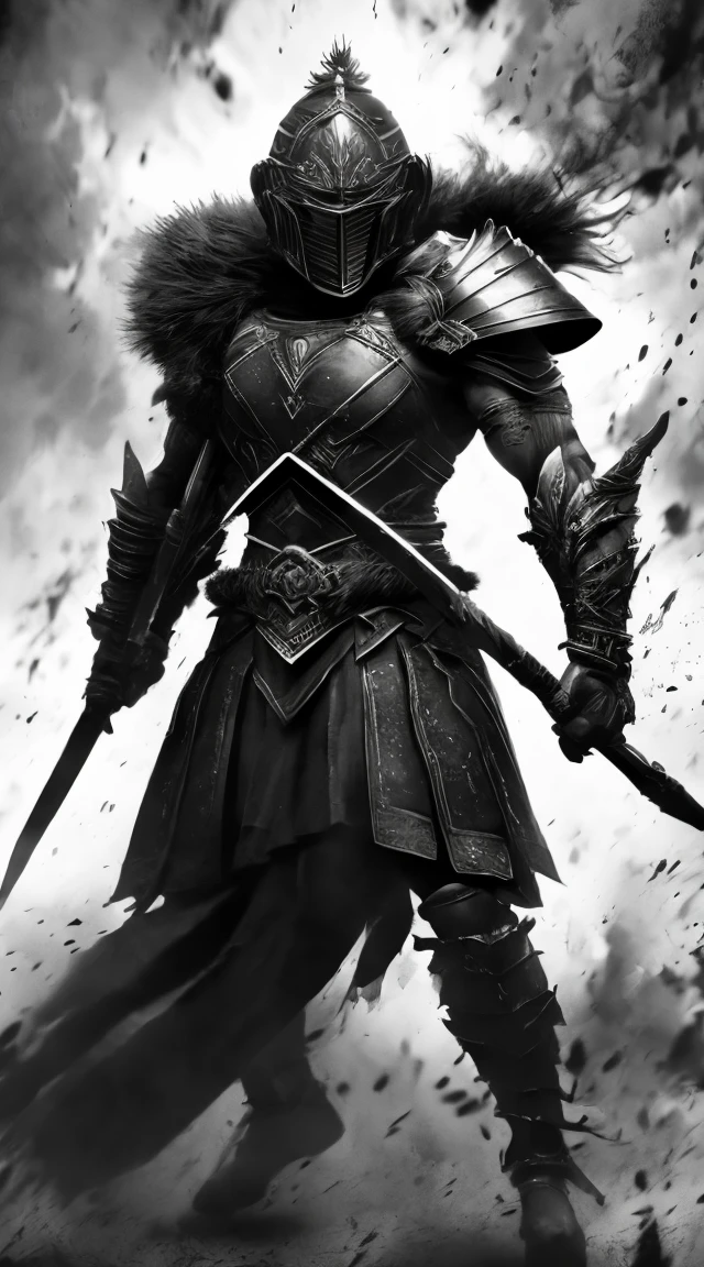 Create a vertical image of a Spartan warrior in dynamic battle-ready stance, monochromatic color scheme with ink-splatter effect. The warrior is muscular, with detailed ancient armor that includes a chest plate and arm guards, and a fur-trimmed cape draped over one shoulder, indicating a high rank. The helmet has a prominent crest. In one hand, he holds a long spear and has a sword at his waist. The background is abstract, enhancing the warrior's fierce expression and the overall intensity of the scene.