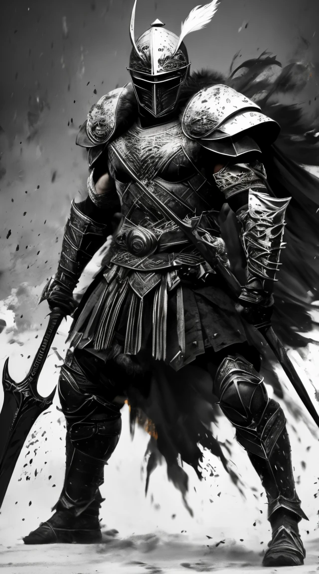 Create a vertical image of a Spartan warrior in dynamic battle-ready stance, monochromatic color scheme with ink-splatter effect. The warrior is muscular, with detailed ancient armor that includes a chest plate and arm guards, and a fur-trimmed cape draped over one shoulder, indicating a high rank. The helmet has a prominent crest. In one hand, he holds a long spear and has a sword at his waist. The background is abstract, enhancing the warrior's fierce expression and the overall intensity of the scene.