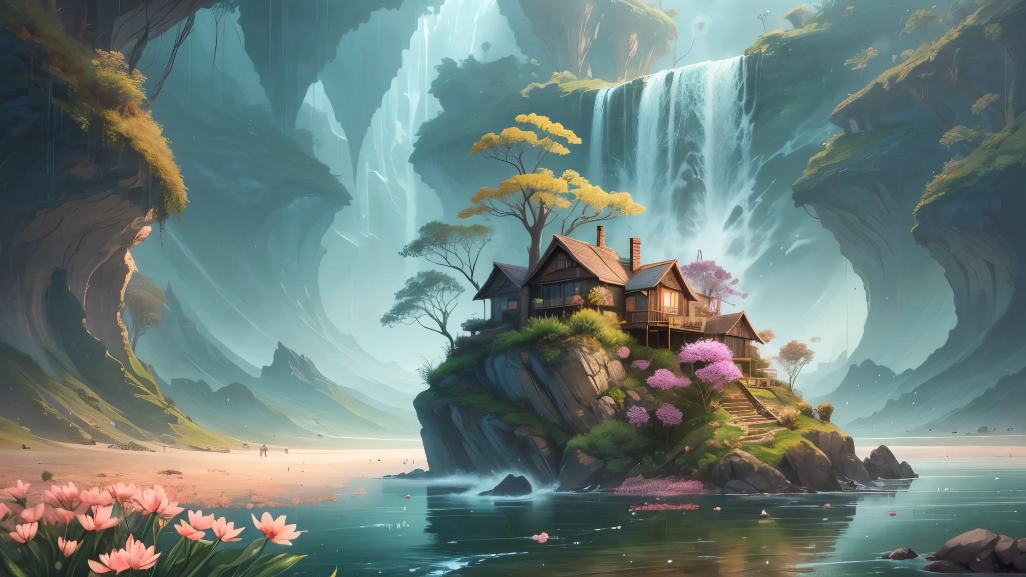 beautiful colorful Oceania state winter's flowers, leaves, nature, beautiful rain drops, beautiful fog, over the beautiful wonderful rainbow, fantasy, romantic dreamy mood, special sightseeing, elegant, cute, dramatic viewing, amazing world, photorealistic drawings