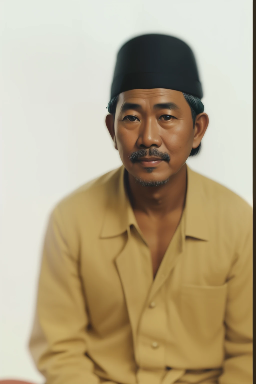 there is a man sitting down with a hat on, inspired by I Ketut Soki, inspired by Basuki Abdullah, color portrait, medium portrait soft light, by I Ketut Soki, portrait soft low light, raden saleh, film portrait, photography portrait, inspired by Gao Kegong, color photograph portrait 4k, unblur, background blur