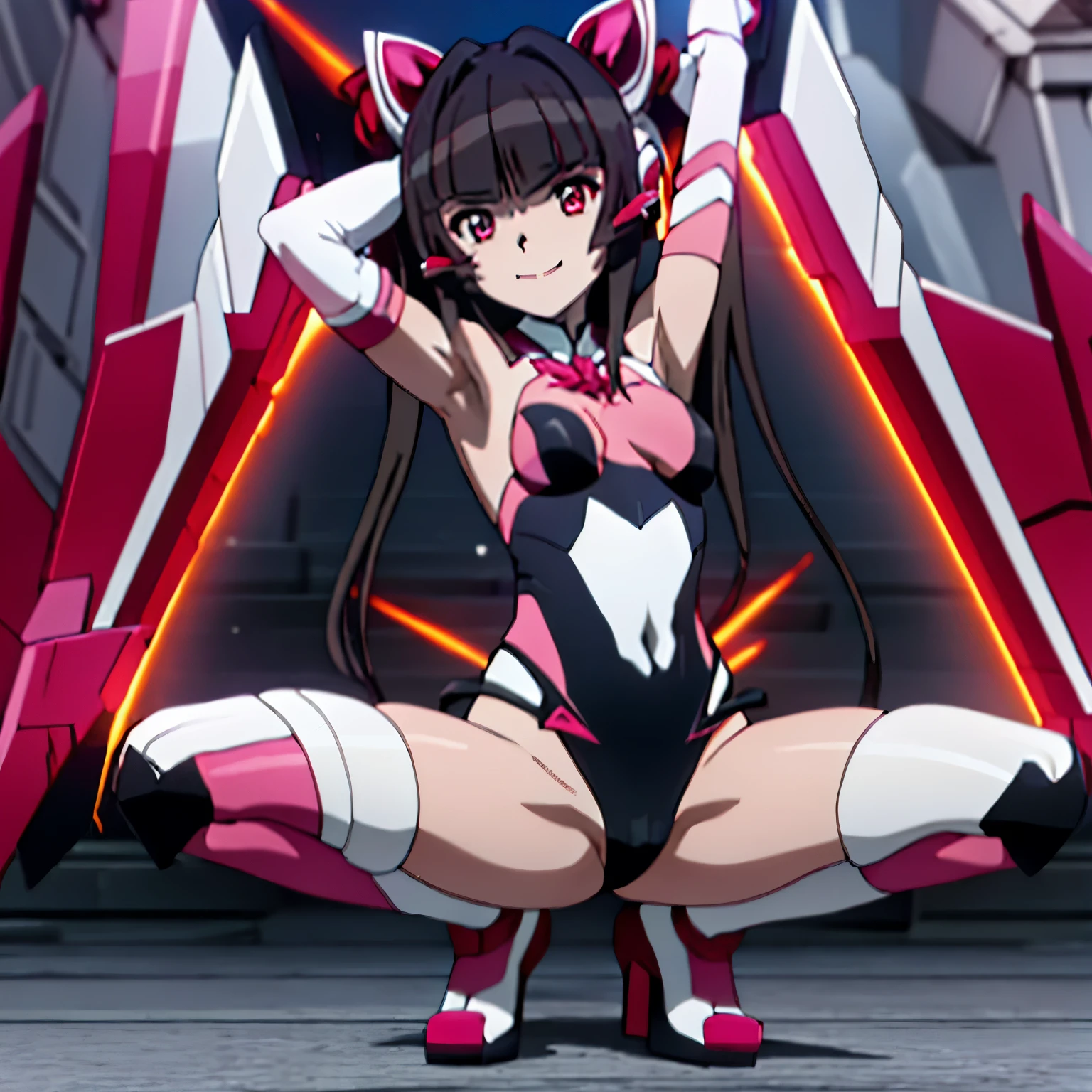 TSUKUYOMI_SHIRABE_SENKIZESSHOUSYMPHOGEAR
BLACK_HAIR, BANGS, TWINTAILS, BLUNT_BANGS, LONG_HAIR, PINK_EYES,
best quality, extremely detailed cg,  shirabe, looking at viewer,arms up,armpits, 
spread legs,squatting,long black twintails,pov,(from front),
leotard,inner, elbow gloves,  thighhighs,
smile, 