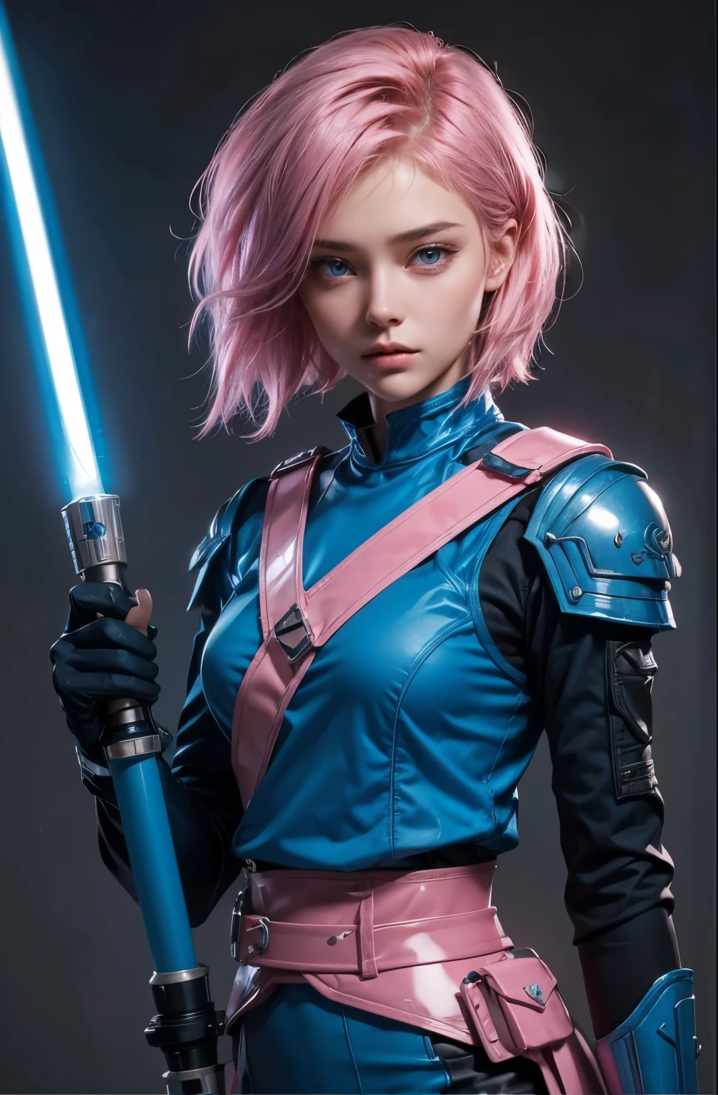 A very beautiful woman. Twenty years old. pink hair. She wears a blue metallic battle uniform. He holds a light saber in one hand. Serious look.