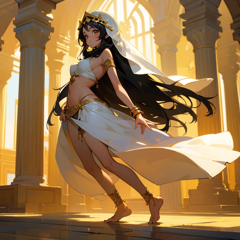 Arab style、harem、Young girl dancing wearing a white bikini、long black hair、wheat-colored skin、barefoot、anklet、bracelet、palace、lots of western lights、scarf、(Face Veil)