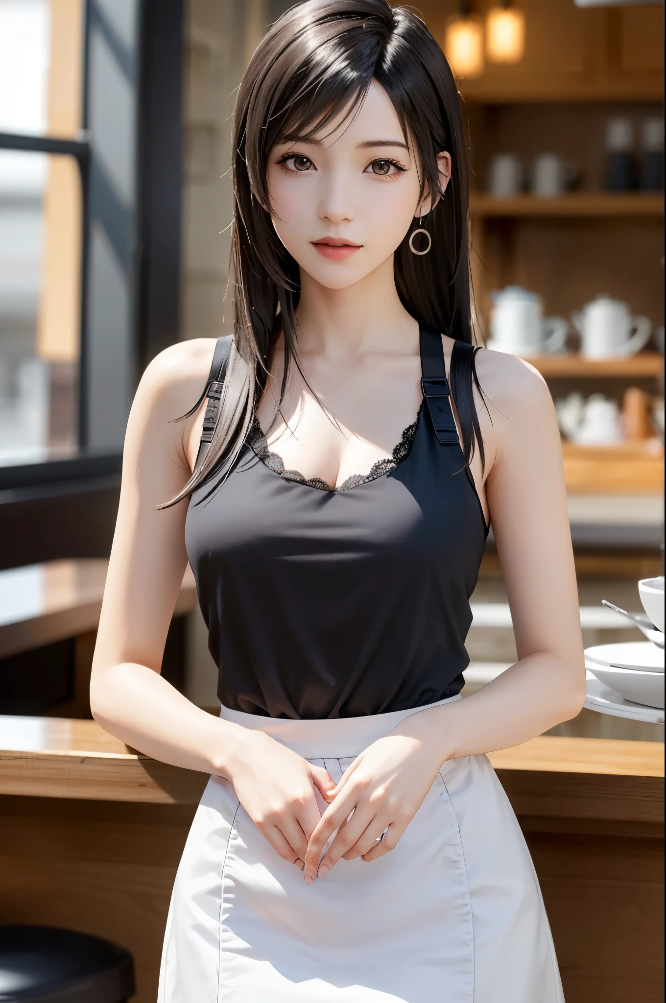 (top quality, masutepiece: 1.1), (Realistic: 1.3), BREAK (((FF7,Tifa_lockhart,solo))),(location: a cozy coffee shop with warm lighting),(gravure pose:1.2,idol),Ultra-detailed face, Detailed eyes,Red eyes, BREAK (((FF7,Tifa_lockhart))),(black brown hair, Large breasts: 1.0), BREAK (tifa_lockhart is a waitress:1.2,café staff,black apron:1.5),(no bra),(Small and beautiful hard nipple),About 18 years old,kawaii,shy:1.1,happy, smiling,