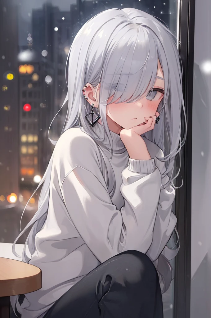 ((masterpiece:1.4, best quality:1.2)), 1girl, solo focus, beautiful skin, blush, grey sweatshirt, long white hair, grey eyes, sitting, earrings, Hands piercing, coffee shop window, night, snowing, cityscape, tall female, beautiful and delicate female, comfy ambience, {detailed background}, hair over one eye, shy, sexy, naked,