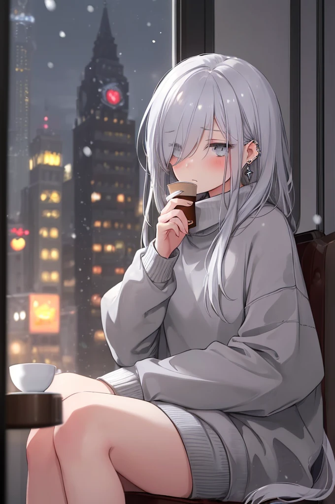 ((masterpiece:1.4, best quality:1.2)), 1girl, solo focus, beautiful skin, blush, grey sweatshirt, long white hair, grey eyes, sitting, earrings, Hands piercing, coffee shop window, night, snowing, cityscape, tall female, beautiful and delicate female, comfy ambience, {detailed background}, hair over one eye, shy, sexy, naked,