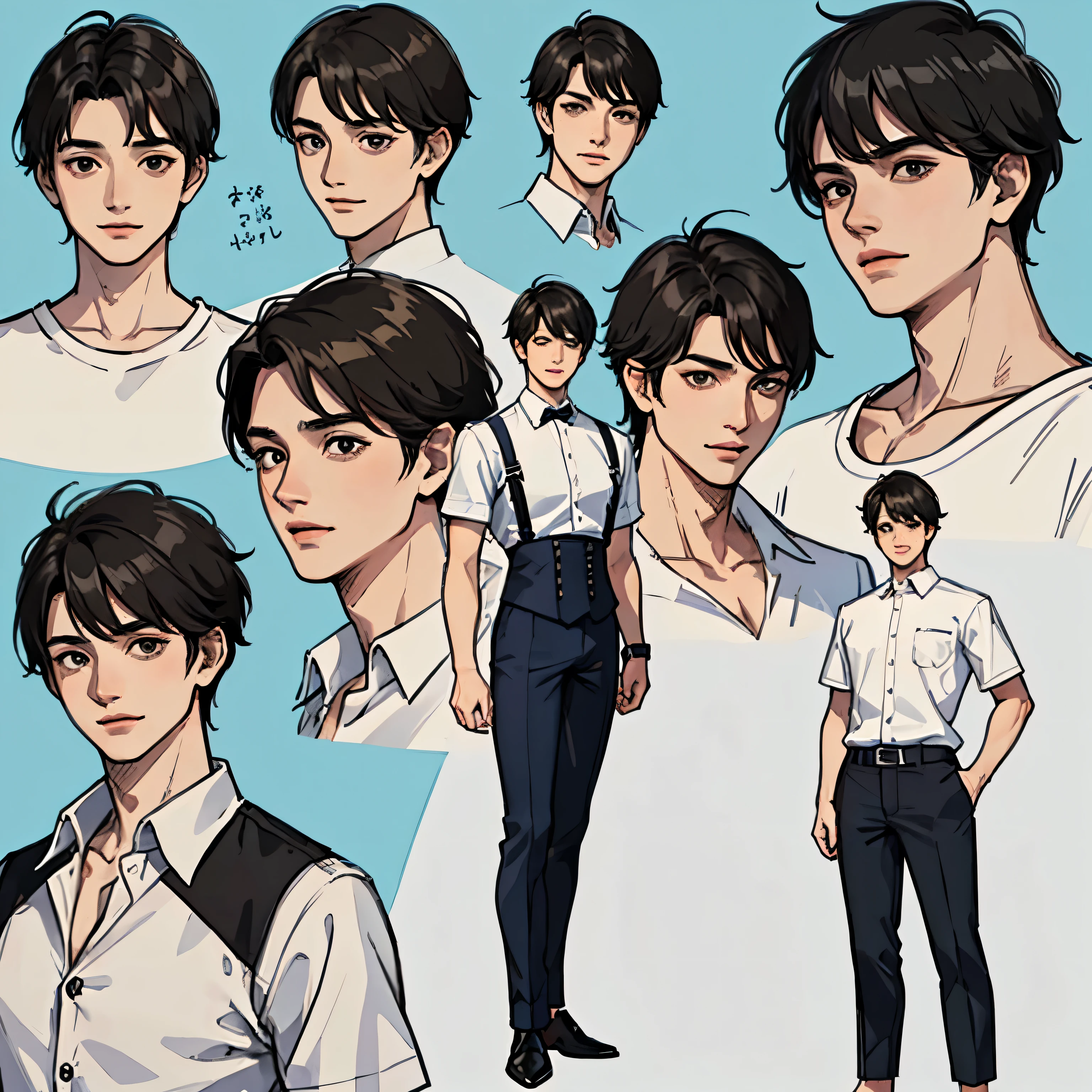 a boy character sheet, head view from different angles, eight different angles boy has black hair black eyes wearing white shirt and blue pants , masterpiece,