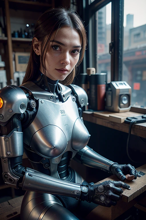 Cyborg, mechanical body, mechanical arms and legs, old armor, sitting on a workbench in an old workshop, cyberpunk, eye contact, looking at viewer, masterpiece, best quality, perfect detail, perfect face detail, perfect eye detail, perfect skin detail, depth sharpness, perfect lighting